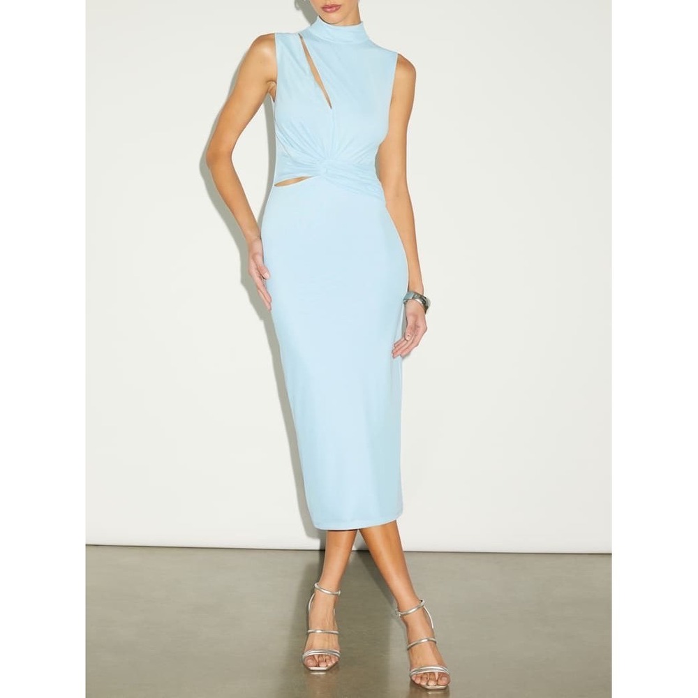 NWT Lulus Kamara Light Blue Mesh Cutout Knotted Midi Dress Medium